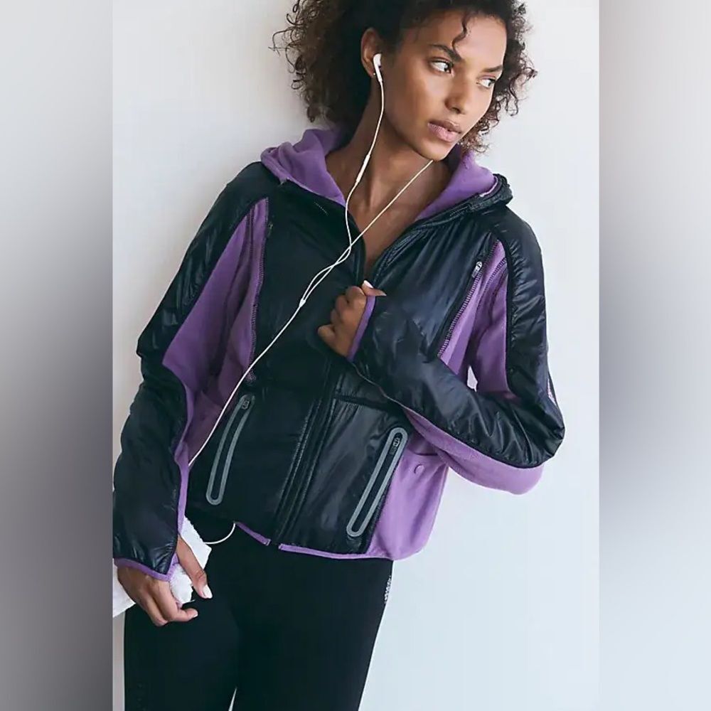 FREE PEOPLE Go The Distance Fleece Jacket Red Violet Black Combo Sz L NWT $198